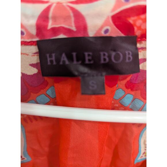 Hale Bob 100% silk and beaded neon mandala style print top w/roll tab sleeve top - Picture 3 of 10